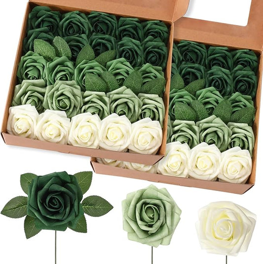50 Pcs Artificial Foam Rose Flower Faux Bouquet Wedding Fake Rose Gift for Mother's Day Women DIY Bridal Shower Party Table Birthday Home Spring Decor (Gradient Green)