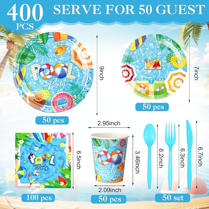 Funnymoom 400 Pcs Pool Party Supplies for 50 Guests Summer Pool Disposable Plates Napkins Cups Spoons Forks Knives for Birthday, Baby Shower, Beach, Summer Themed Party Decorations