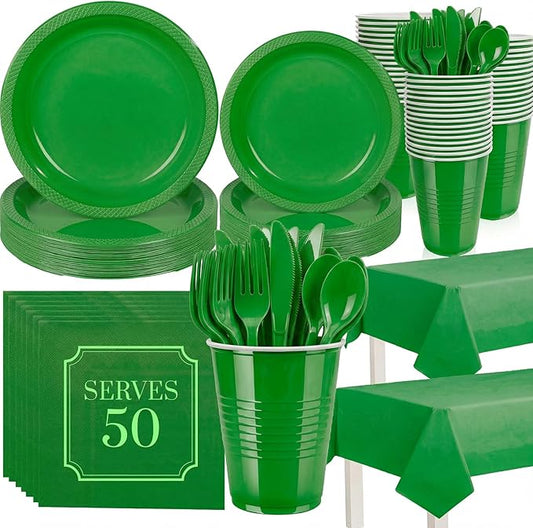 352 Pcs Green Plastic Plates Party Set, 50 Guests Disposable Dinnerware Set with Green Tablecloths, Fresh Green Plastic Plates Party Set for Garden Party/BBQ/St. Patrick's Day/Eco-Theme Event