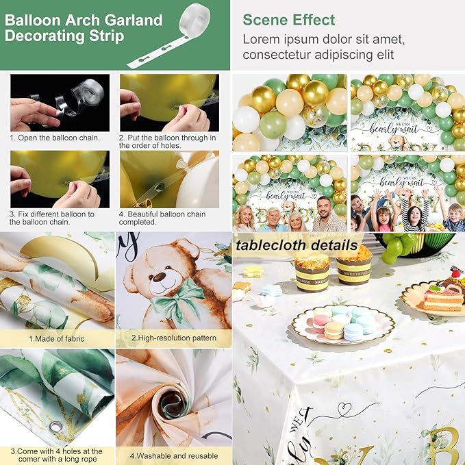 Breling 61 Pcs Bear Baby Shower Decorations Sage Green Bear Baby Party Decor Kit We Bearly Wait Backdrop Tablecloth Balloons Arch Bears Theme Party Supplies for Kids Birthday Shower