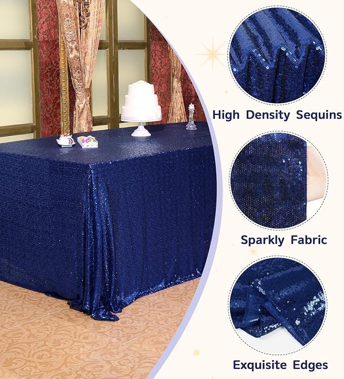 Juya Delight 60" x 102" Navy Blue Sequin Rectangle Tablecloth for Wedding Birthday Party Festival Ceremony Cake Dessert Table