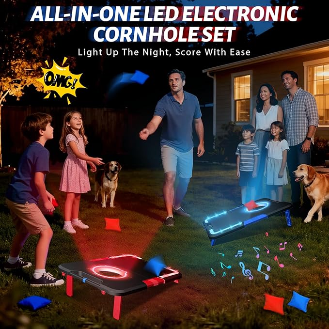 LED Cornhole Board Set, Light-Up and Travel Cornhole Boards Games Set, Corn Holes Outdoor Game, Corn Hole Game Set w/ 2 Boards, 8 Beans Bags for Backyard, Beach, Lawn (Black)