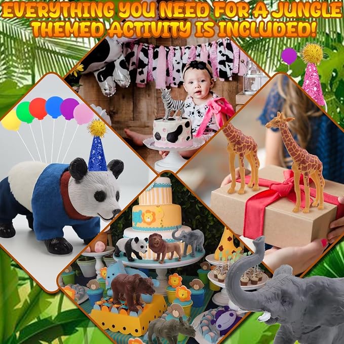 26 PCS Jungle Animal Birthday Party Decorations with Safari Animal Figurines, Mini Hats & Balloons, Cake Toppers for Birthday Party, Wild Animals Party Supplies(Jungle Animal)