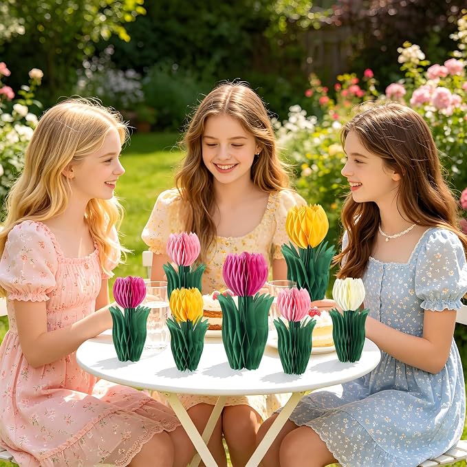 SUNBEAUTY 8 PCS Flower Honeycomb Decor Tulips Table Centerpieces Spring Decoration for Home Office Paper Flower Tulip Honeycomb Decor for Garden Party, Mother's Day Decoration