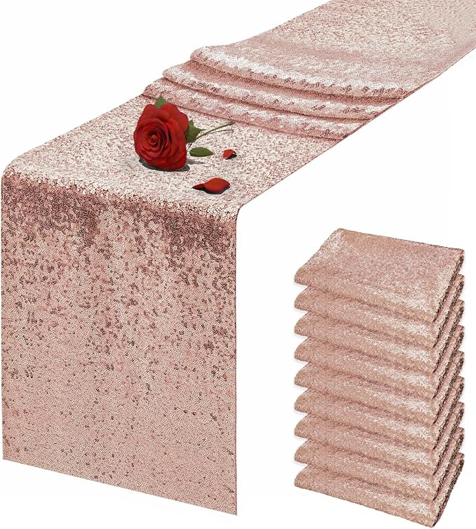 10 Packs 12 x 72 inches Rose Gold Sequin Table Runner, Glitter Runner for Birthday Party Supplies Wedding Holiday Celebration Baby Shower Engagement Anniversary Decor