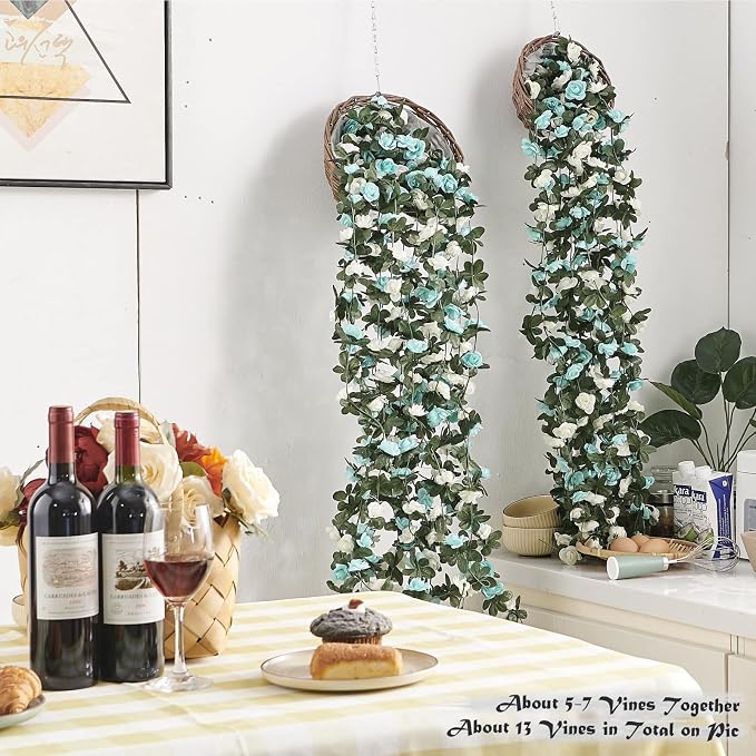 PONKING 8 Pcs x 8.2 ft Flower Garland Artificial Rose Vine Flowers with Green Leaves Hanging Fake Roses Vine for Room Party Home Wedding Birthday Christmas Wall Arch Decor, White Blue Flower