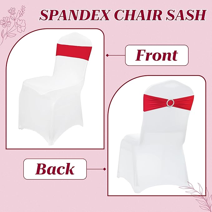 VDS - Red | Spandex Chair Sashes Bows | 300 PCS | Stretch Elastic Banquet Universal Folding Chair Band Tie with Silver Buckle Slider for Wedding Party Conference Celebration Event Decoration