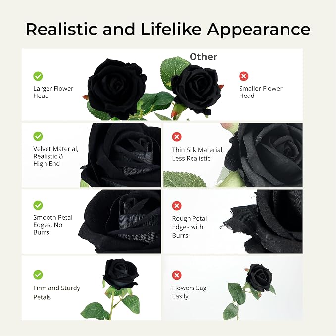 Auihiay 60PCS Black Fake Roses, Velvet Silk Artificial Roses, Realistic Roses Flowers for Photo Shoots, Wedding Centerpieces, Bridal Bouquets, Anniversary, Valentine's Day, New Year's Decorations