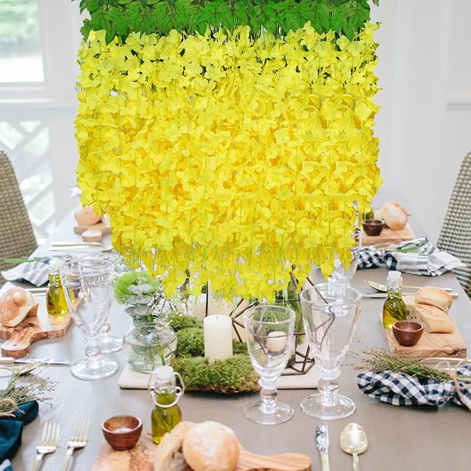 48Pcs Artificial Wisteria Hanging Flowers, 3.6Ft/Pcs Yellow Fake Wisteria Garland for Wedding Party Home Garden Indoor Outdoor Decoration