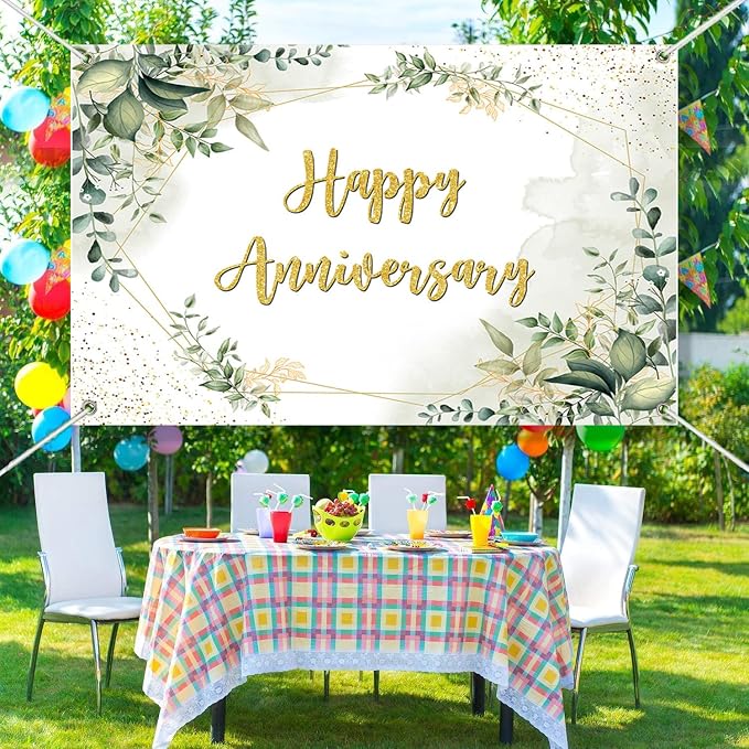 5x3ft Greenery Theme Happy Anniversary Backdrop Green Leaves Gold Glitter Wedding Photography Background for Couples Anniversary Wedding Party Engagement Decorations