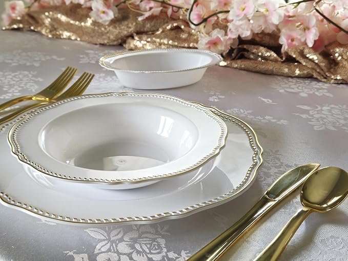 " OCCASIONS " 150pcs set (25 Guests)-Wedding Plastic Plates & cutlery -Disposable heavyweight Dinnerware 10.25'', 7.5'' + Silverware w/double fork (Rochelle White & Gold)