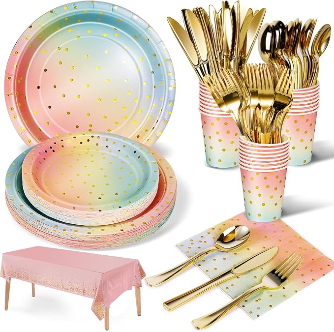 Nkaiso 141 Pieces Rainbow Gold Party Supplies, Party Dinnerware Sets Include Paper Plates Napkins Cups Silverware, for Wedding Bridal Shower Engagement Birthday Parties Decoration -20 Serves