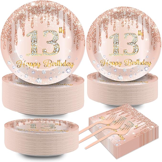 200 PCS Rose Gold 13th Birthday Party Plates Napkins Pink 13th Tableware Set for Happy 13 Years Old Birthday Decorations Dessert Plates Forks Serve 50 Guests for Girls 13 Years Old Party Supplies