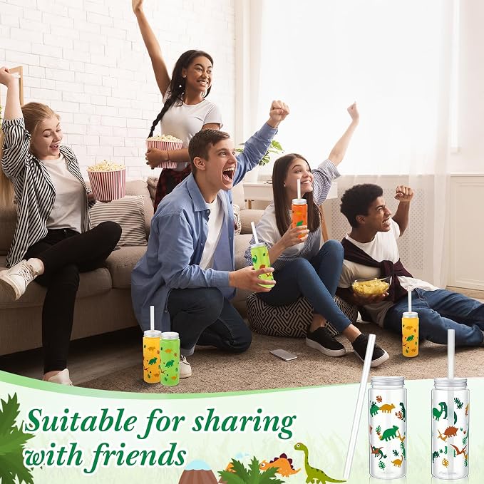 Skylety 12 Set 14 oz Dinosaur Themed Plastic Cup with Straw and Lid Cute Disposable Cups Bulk Dino Party Favors Drinking Mason Jars Tumbler for Birthday Supplies Juice Beverage Smoothie(Green Yellow)
