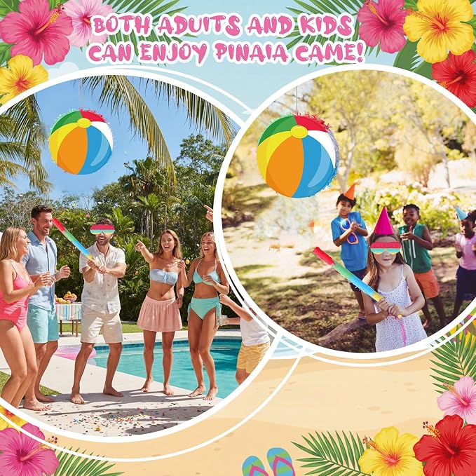 Blosssound Beach Ball Piñata Summer Pool Party Decorations Supplies Rainbow Pool Ball Piñata Set with Stick Blindfold for Hawaiian Tropical Luau Beach Theme Birthday Baby Shower Celebration Decor