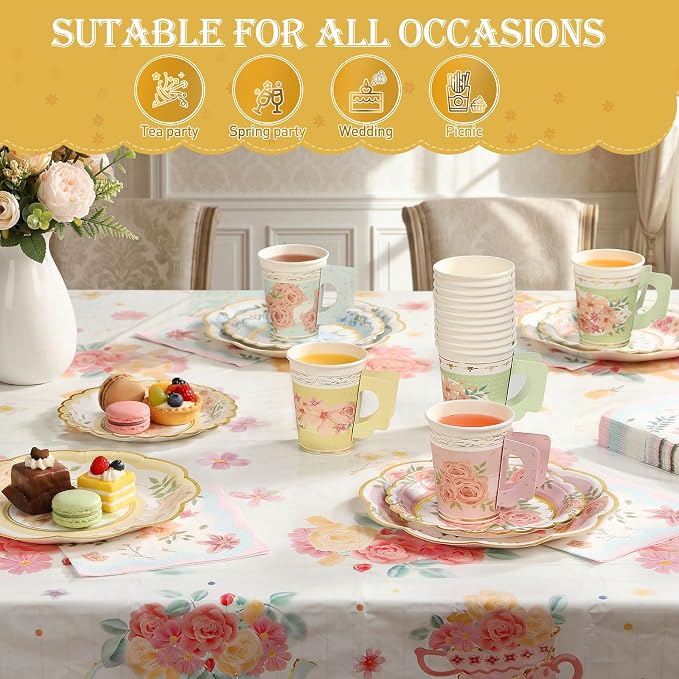 Yungyan 97 Pcs 24 Guests Tea Birthday Party Supplies Disposable Tableware Set 9 oz Paper Tea Cups with Handle 7" 9" Paper Plates Napkin Tablecloth for Floral Party Wedding Baby Shower (Sweet Style)