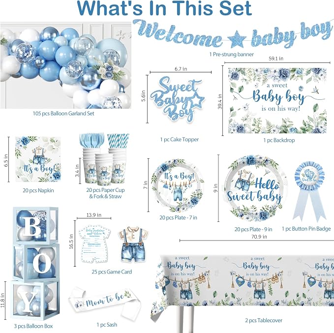 cocomigo 260PCS Baby Boy Baby Shower Decorations All-in-One Set with Baby Boy Balloon Arch, Tableware, Advice Cards, Cake Topper, Balloon Box, Backdrop, Sash, Corsage, Etc. Serves 20