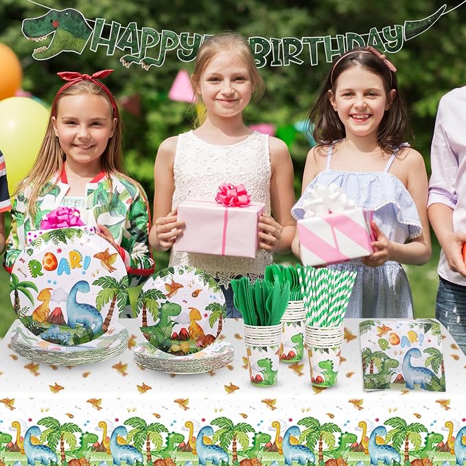 194 Pcs Dinosaur Birthday Party Supplies Dinosaur Paper Plates Napkins Cups Forks Tablecloth Banner Baby Shower Decorations Tableware Theme Serve 24