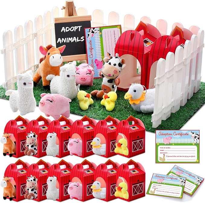 Blueweenly 84 Pcs Adopt a Pet Party Supplies 24 Mini Animals 10 White Plastic Fence 24 Paper Gift Boxes 24 Adoption Cards with Mini Chalkboard and Artificial Lawn(Farm Animals)