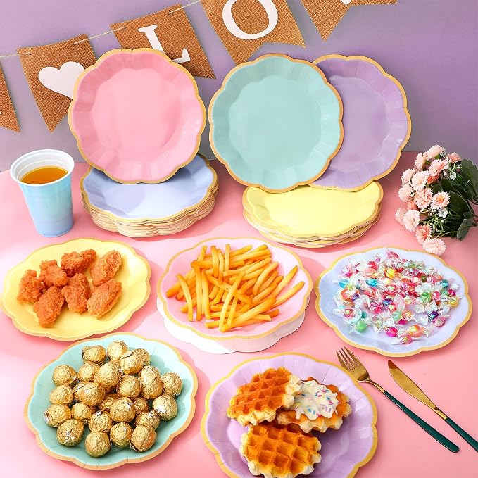 72 Pcs Pastel Paper Plates 9 Inch Colorful Rainbow Gradient Scalloped Paper Disposable Dinner Dessert Plates for Birthday Wedding Bridal Party Supplies, 6 Colors