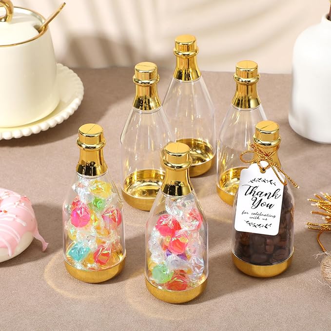 50 Pcs Mini Champagne Bottles, Gold Plastic DIY Small Champagne Candy Bottles Bulk with Gift Tags Gold Strings and 65 ft Rope, Mini Bottle Containers for Wedding Party Favor Baby Shower Birthday