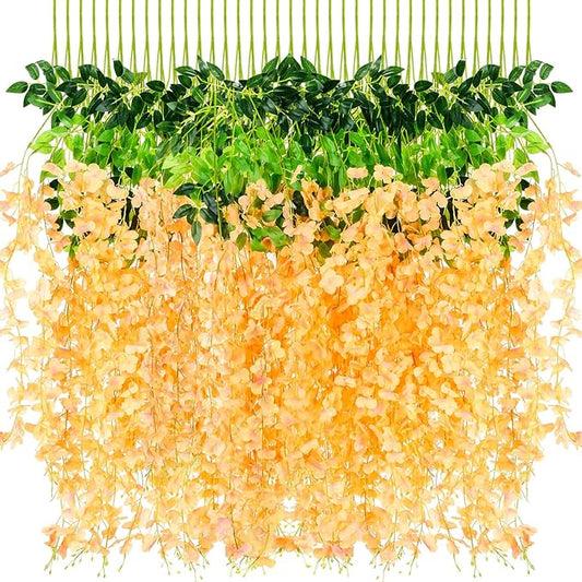 Yunsailing 108 Pack 43.2 in/ 3.6 ft Artificial Fake Wisteria Hanging Flowers Wisteria Faux Flowers Garland Silk Vine Rattan Long Hanging Flowers String for Home Outdoor Wedding Party(Champagne)