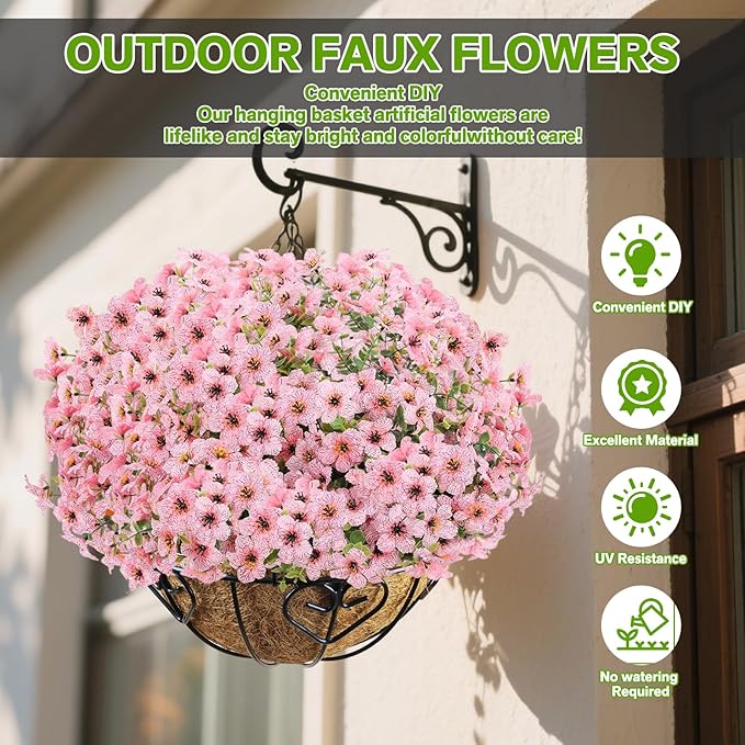Artificial Flowers Fake Plants for Outdoors Spring Decoration, 13Bundles Silk Realistic UV Resistant Faux Flowers for Outside Planter Porch Yard Patio Garden Home Indoor, Pink