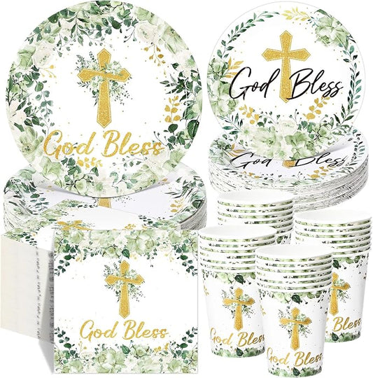 Pickmesh 250 Pcs God Bless Baptism Party Supplies Sage Green Disposable Paper Plates Napkins Cups Set for First Holy Communion Christening Baby Shower Religious Celebration Serves 50
