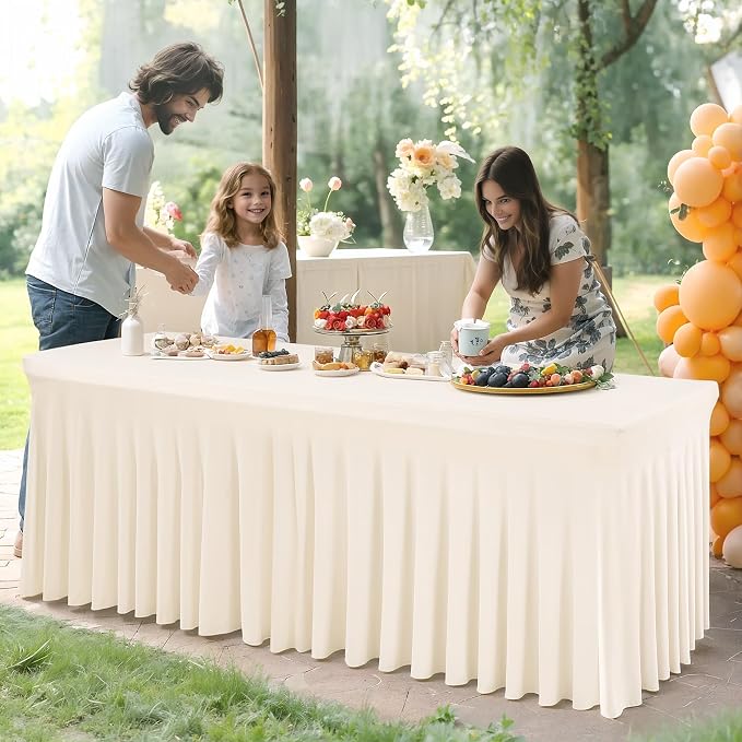 2 Packs Ivory Spandex Table Clothes for 6 Foot Rectangle Table, Spandex Table Covers 6FT Stretch Table Skirts Rectangle Tables Wrinkle Free Fitted Table Cover for Event, Wedding, Banquet & Parties