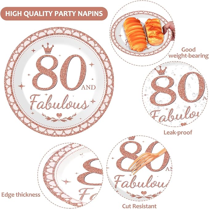 gisgfim 50 Guests 80th Birthday Plates and Napkins 80th Decorations for Women, Fabulous Happy Birthday Party Rose Gold Tableware Set Cheers To 80 Years Party Supplies Table Decors for Girl 200PCS
