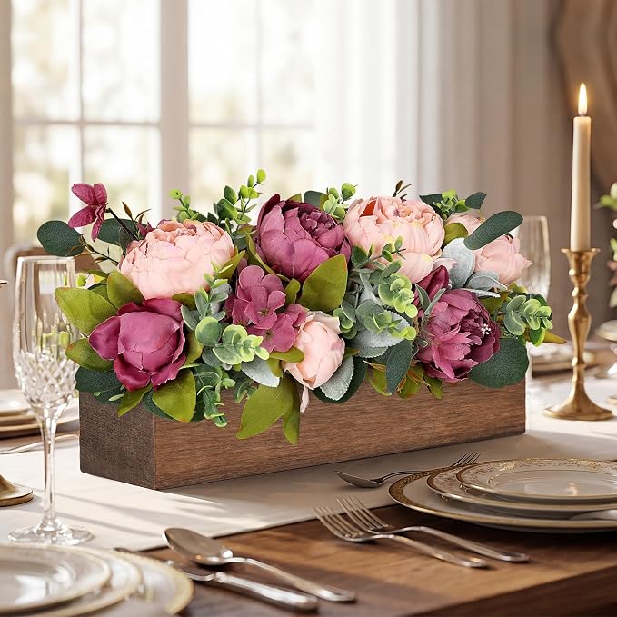Pre-Made Flower Table Centerpieces for Dining Room Wedding Artificial Peony Table Decorations Wood Tray with Fake Flowers for Living Room Party Bar Kitchen Table(Dusty Mauve & Blush Pink)
