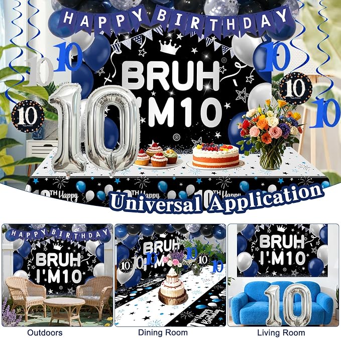 10th Birthday Decorations for Boys & Girls, 54 PCS Blue Black Party Decorations, 10 Year Old Boy Birthday Party Supplie with Banner Backdrop, Hanging Swirls, Tablecloth, Bruh I'm 10 Party Supplies