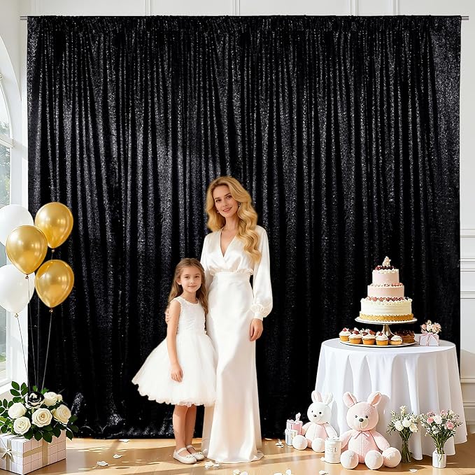 SquarePie 10x10ft Black Sequin Backdrop for Photography, Satin-Backed Real Sequin Curtain, Enhanced Coverage Shimmering Background with 4" Rod Pocket for Wedding, Birthday, Party Decor, 1 Panel