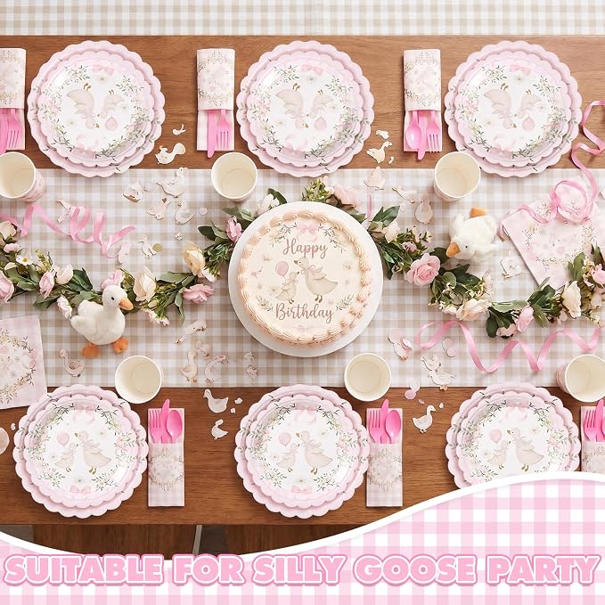 Zhehao 350 Pcs One Silly Goose Birthday Party Tableware Set Scalloped Pink Floral Baby Shower Plates Cup Napkins Forks for Birthday Party Decorations Supplies for 50 Guests