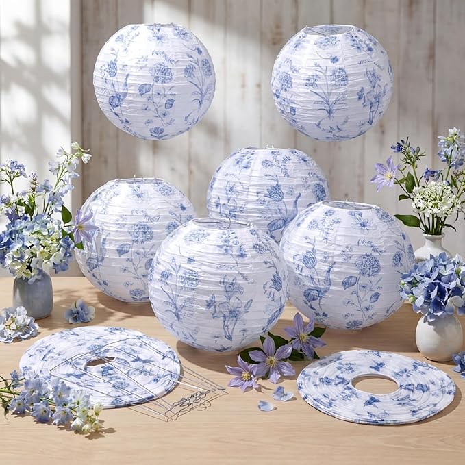 Honoson 12 Pcs Chinoiserie Paper Lanterns Blue and White Floral Chinoiserie Party Decorations Hanging 10 Inch Chinese Lanterns for Spring Wedding Bridal Shower Baby Shower Tea Party Decorations