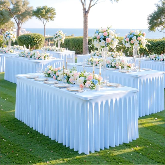 gogoparti 4 Pack Spandex Baby Blue Fitted Table Cloth for 6ft Rectangle Tables Light Blue Stretch Tablecloth Banquet Table Covers Wrinkle Free Tablecloths for Parties Wedding