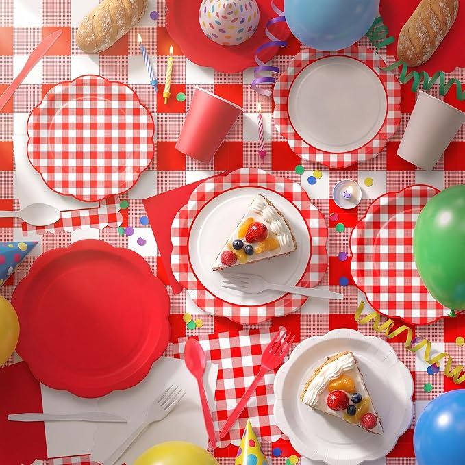 Ceenna 390 Pcs Red Gingham Party Supplies for 48 Guests, Red and White Checkered Paper Plates Napkins Cups Tablecloth Cutlery Disposable Tableware for Picnic BBQ Birthday Baby Shower Party Deocration