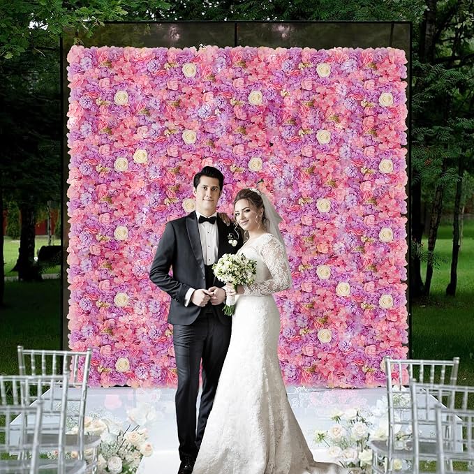 3D Flower Wall Backdrop - 12Pcs 15×15 Inch Artificial Rose Panels Pink & Purple Silk Floral Decor for Home Party Wedding Anniversary Birthday Photographic Studio Background & Decorative Fences