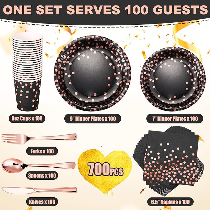 700 pcs Black and Rose Gold Party Supplies for 100 Guests Disposable Dinnerware Kits Black Rose Gold Paper Plates Napkins Cups Rose Gold Plastic Forks Knives Spoons for Birthday Wedding Party