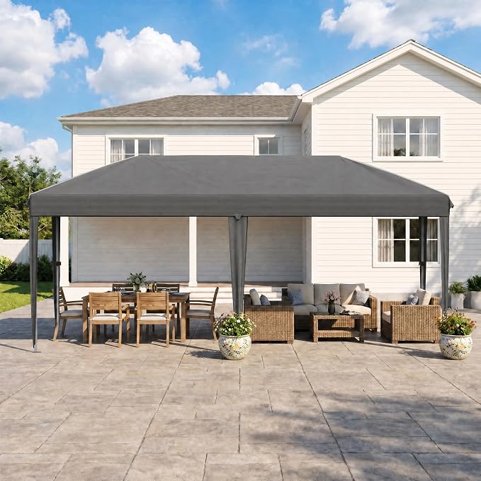 10x20 FT Portable Pop Up Canopy Tent with Sandbags, Adjustable Height Instant Gazebo, Outdoor Canopy for Camping, Parties, Vendor Events (Grey with Reflective Strip, 3m × 6m Without sidewalls)