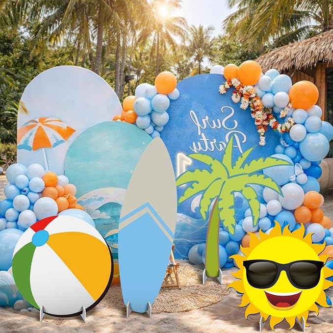 4 Pack Summer Beach Party Decoration 31'' Large Surfboard Cardboard Cutout Life Size Pool Photo Booth Prop Coconut Tree Sun Beach Ball Outdoor Sign for Swimming Hawaiian Luau Bar Supplies