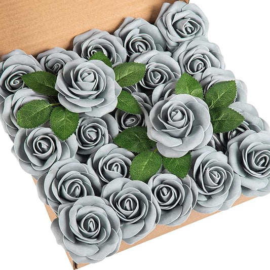 DuHouse 25Pcs Artificial Roses Flowers Fake Roses with Stems Real Touch Foam Flowers for DIY Wedding Bouquet Centerpiece Floral Arrangement Party Home Decor(Grey)