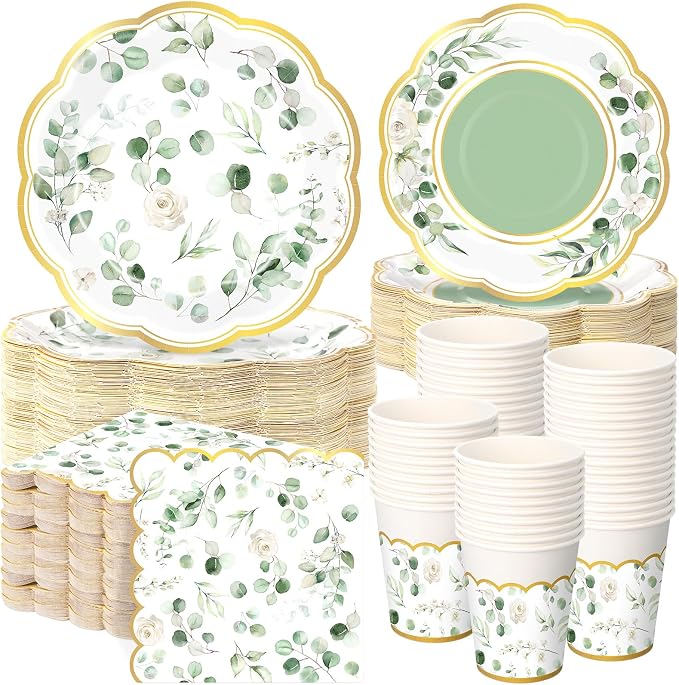 Funnymoom 250 Pcs Sage Green Color Party Decorations Eucalyptus Greenery Plates Cups and Napkins Paper Baby Shower Bridal Shower Party Tableware Set for Wedding Birthday Jungle Decorations, Serves 50