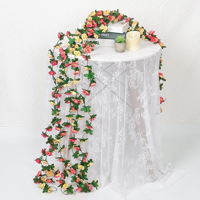 KHOYIME 9 Pack 72 FT Artificial Flower Garland, Fake Champagne Roses Vines Silk Flowers Faux Outdoor Hanging Floral Ivy Garland Decoration for Wedding Arch Bedroom Home Wall Backdrop Room Decor