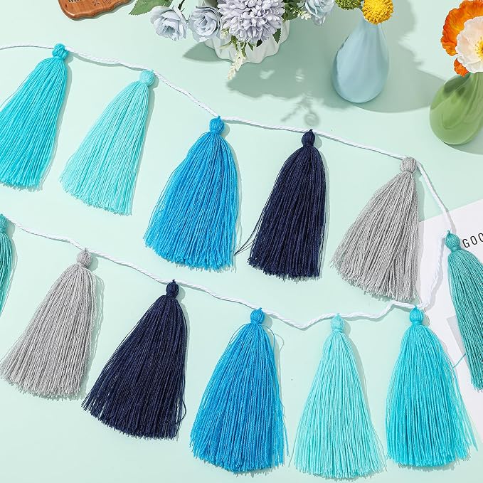 WILLBOND 4 Pcs Rainbow Tassel Garland Party Decorations, Colorful Boho Wall Hanging Banner for Classroom Decor, Back to School Birthday Wedding Baby Shower Nursery Home(Blue Gray,6.3 Inch)