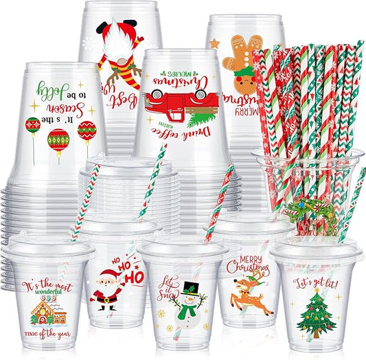 FoldTier 60 Set Christmas Plastic Cups Bulk 14 oz Disposable Clear Cups with Lids and Paper Straws for Merry Christmas Theme Party Favor Supplies Holiday Decorations