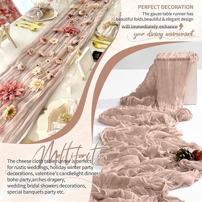 20 Pack Dusty Pink Cheesecloth Table Runner 10FT Boho Gauze Cheese Cloth Table Runners Romantic Rustic Sheer Table Decorations for Wedding Party Baby Shower Birthday Holiday Home
