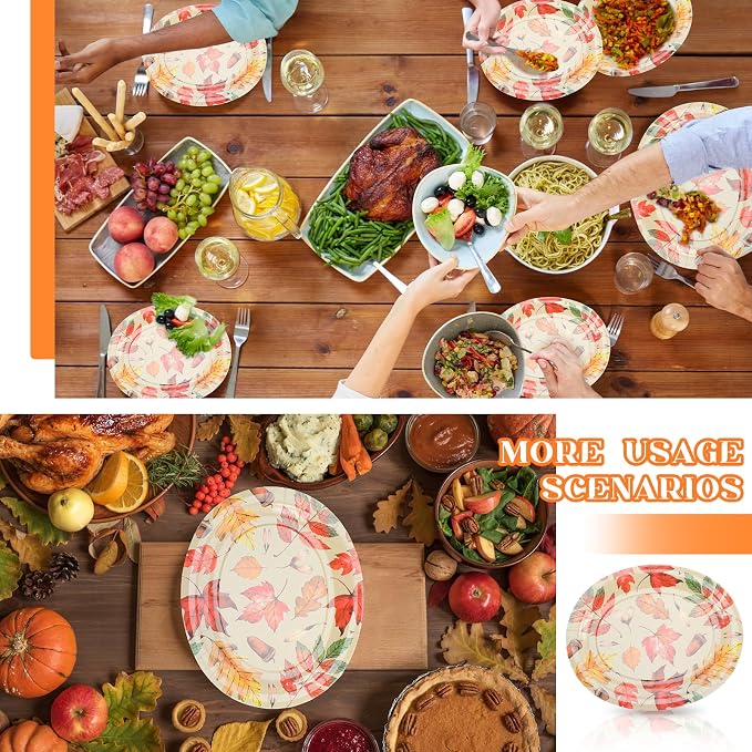100 Pcs Fall Oval Leaves Plates 10" x 12" Disposable Thanksgiving Paper Plates Dinner Dinnerware Tray Party Supplies Autumn Tableware Set for Family Gathering Parties (Maple Leaf)