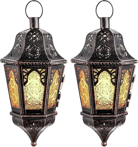 Ramadan Lantern Decorative Indoor & Outdoor, 2 PCS 13.6’’ Vintage Decorative Hanging Lanterns with Chain for Home Porch Patio Decor, Metal Christmas Moroccan Candle Holder Decorations (Amber)