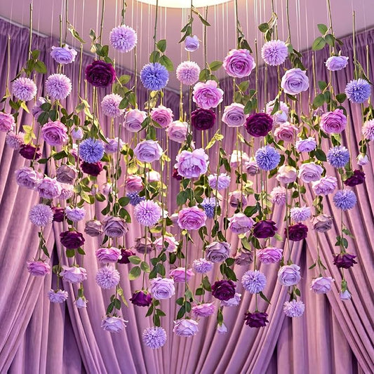 Lyrow 120 Pack Artificial Flower Hanging Flowers Ornament Floating Garland Ceiling Strings for Wedding Anniversary Engagement Marriage Proposal Floral Birthday Party Decor (Rose,Purple)